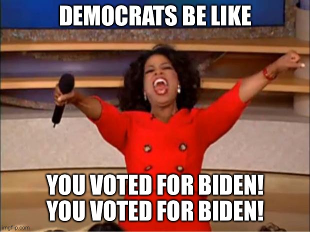 You get a false vote! Oprah | DEMOCRATS BE LIKE; YOU VOTED FOR BIDEN! YOU VOTED FOR BIDEN! | image tagged in memes,oprah you get a | made w/ Imgflip meme maker