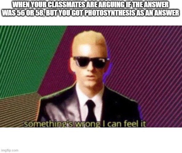 Happens every time |  WHEN YOUR CLASSMATES ARE ARGUING IF THE ANSWER WAS 56 OR 58, BUT YOU GOT PHOTOSYNTHESIS AS AN ANSWER | image tagged in something's wrong i can feel it | made w/ Imgflip meme maker
