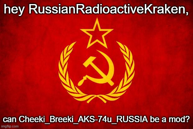 plz | hey RussianRadioactiveKraken, can Cheeki_Breeki_AKS-74u_RUSSIA be a mod? | image tagged in in soviet russia | made w/ Imgflip meme maker