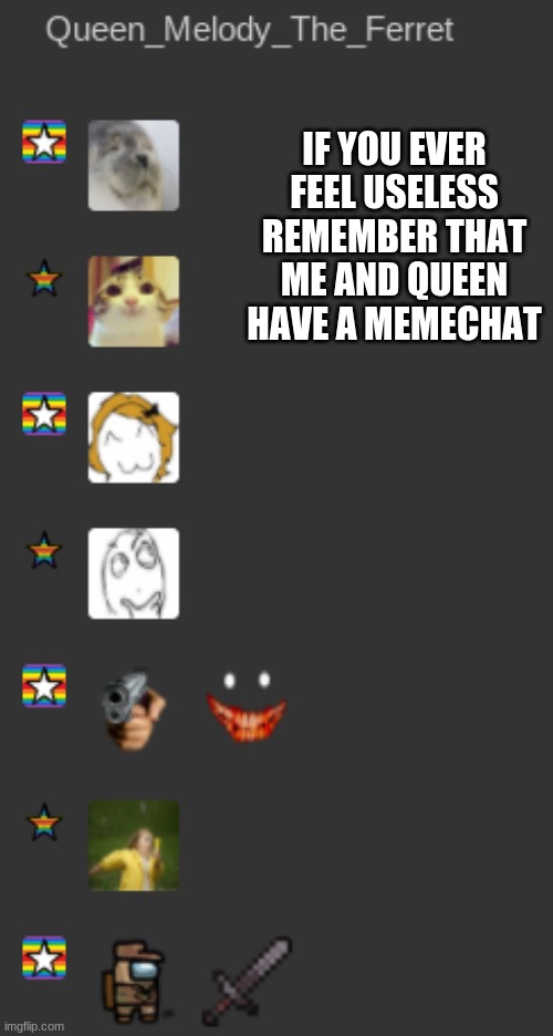 lol | IF YOU EVER FEEL USELESS REMEMBER THAT ME AND QUEEN HAVE A MEMECHAT | image tagged in reeeeeeeeeeeeeeeeeeeeee | made w/ Imgflip meme maker