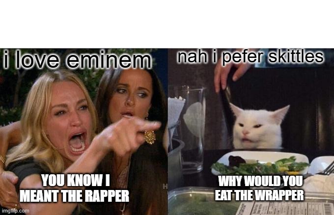Woman Yelling At Cat | nah i pefer skittles; i love eminem; YOU KNOW I MEANT THE RAPPER; WHY WOULD YOU EAT THE WRAPPER | image tagged in memes,woman yelling at cat | made w/ Imgflip meme maker