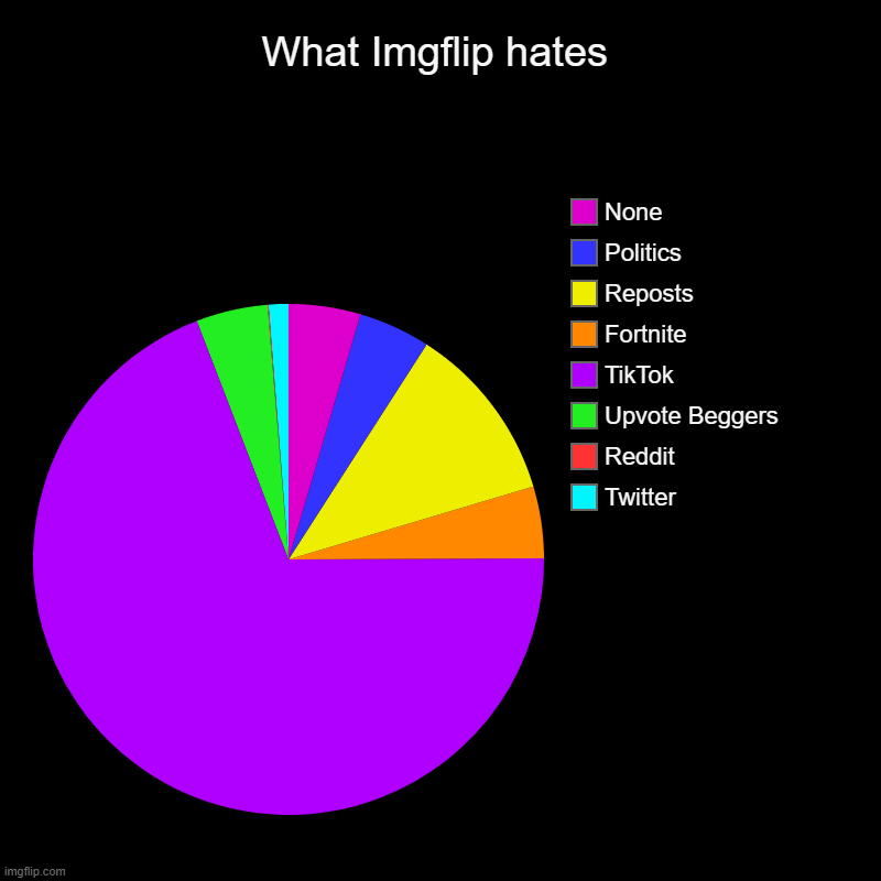 What Imgflip hates | Twitter, Reddit, Upvote Beggers, TikTok, Fortnite, Reposts, Politics, None | image tagged in charts,pie charts | made w/ Imgflip chart maker