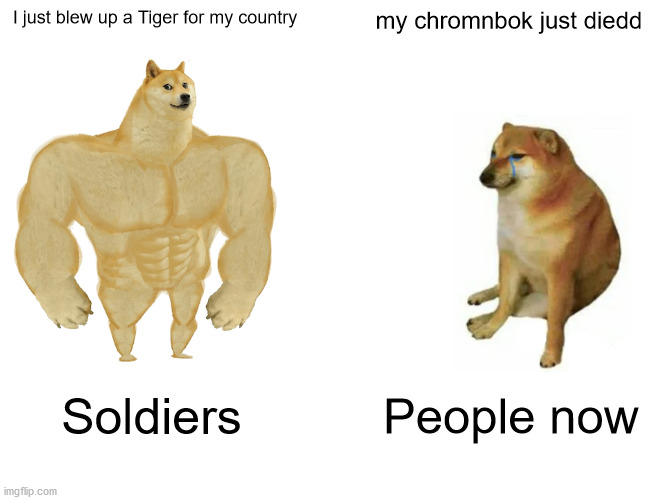 Buff Doge vs. Cheems | I just blew up a Tiger for my country; my chromnbok just diedd; Soldiers; People now | image tagged in memes,buff doge vs cheems | made w/ Imgflip meme maker