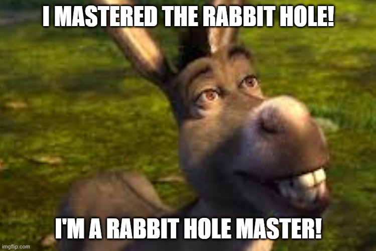 Donkey from Shrek Rabbit Hole Master | I MASTERED THE RABBIT HOLE! I'M A RABBIT HOLE MASTER! | image tagged in donkey,shrek,rabbit hole,distraction | made w/ Imgflip meme maker