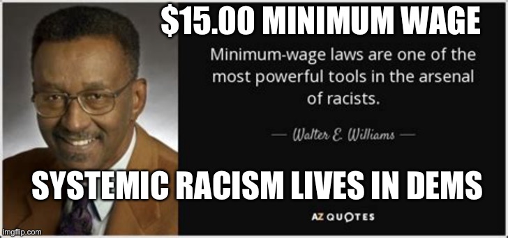 Purposely Hurting people of color since 1934 | $15.00 MINIMUM WAGE; SYSTEMIC RACISM LIVES IN DEMS | image tagged in walter e williams,democrats,racism,biden,minimum wage | made w/ Imgflip meme maker