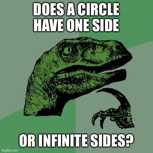 Philosoraptor | DOES A CIRCLE HAVE ONE SIDE; OR INFINITE SIDES? | image tagged in memes,philosoraptor,memes | made w/ Imgflip meme maker