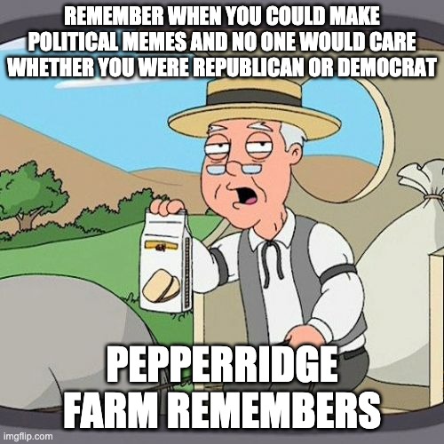 Pepperidge Farm Remembers | REMEMBER WHEN YOU COULD MAKE POLITICAL MEMES AND NO ONE WOULD CARE WHETHER YOU WERE REPUBLICAN OR DEMOCRAT; PEPPERRIDGE FARM REMEMBERS | image tagged in memes,pepperidge farm remembers | made w/ Imgflip meme maker