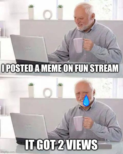 Hide the Pain Harold | I POSTED A MEME ON FUN STREAM; IT GOT 2 VIEWS | image tagged in memes,hide the pain harold | made w/ Imgflip meme maker