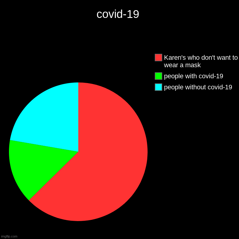 covid-19 | people without covid-19, people with covid-19, Karen's who don't want to wear a mask | image tagged in charts,pie charts | made w/ Imgflip chart maker