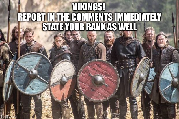 !URGENT! |  VIKINGS! 
REPORT IN THE COMMENTS IMMEDIATELY
STATE YOUR RANK AS WELL | image tagged in vikings | made w/ Imgflip meme maker