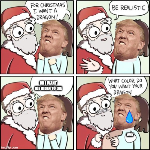 For Christmas I Want a Dragon | OK I WANT JOE BIDEN TO DIE; WHY | image tagged in for christmas i want a dragon,donald trump,meme | made w/ Imgflip meme maker