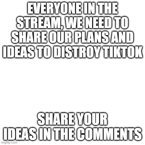 Blank Transparent Square | EVERYONE IN THE STREAM, WE NEED TO SHARE OUR PLANS AND IDEAS TO DISTROY TIKTOK; SHARE YOUR IDEAS IN THE COMMENTS | image tagged in memes,blank transparent square | made w/ Imgflip meme maker