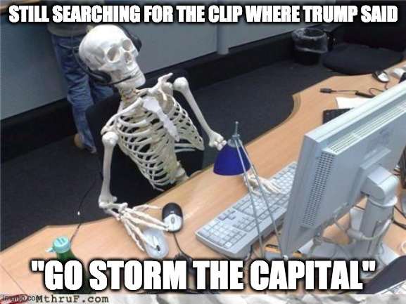 Never happened, never gonna find it. | STILL SEARCHING FOR THE CLIP WHERE TRUMP SAID; "GO STORM THE CAPITAL" | image tagged in waiting skeleton,fake news,propaganda | made w/ Imgflip meme maker