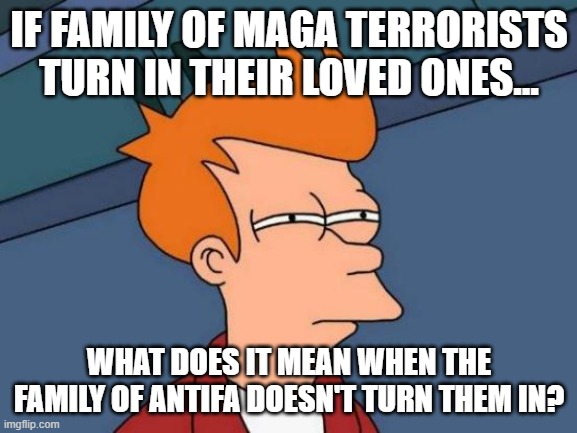 Maybe one is clearly trying to attack the heart of our democracy and legislature. | IF FAMILY OF MAGA TERRORISTS TURN IN THEIR LOVED ONES... WHAT DOES IT MEAN WHEN THE FAMILY OF ANTIFA DOESN'T TURN THEM IN? | image tagged in memes,futurama fry,antifa,blm,maga,proud boys | made w/ Imgflip meme maker