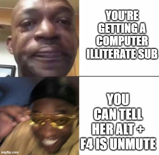 Alt + F4 | YOU'RE GETTING A COMPUTER ILLITERATE SUB; YOU CAN TELL HER ALT + F4 IS UNMUTE | image tagged in frown smile,dank memes | made w/ Imgflip meme maker