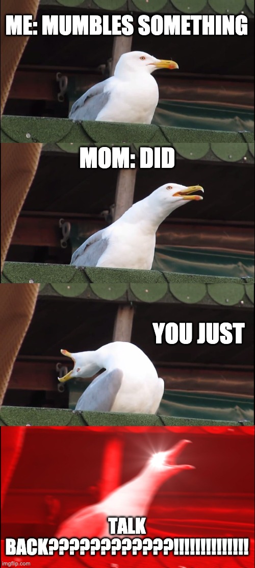 Inhaling Seagull | ME: MUMBLES SOMETHING; MOM: DID; YOU JUST; TALK BACK????????????!!!!!!!!!!!!!! | image tagged in memes,inhaling seagull | made w/ Imgflip meme maker