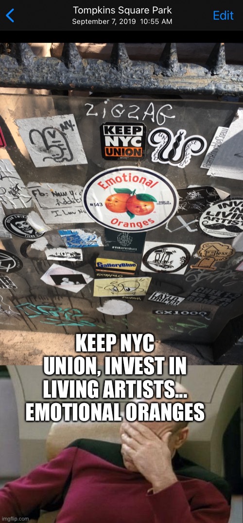 Tompkins square Park never changes | KEEP NYC UNION, INVEST IN LIVING ARTISTS... EMOTIONAL ORANGES | image tagged in memes,captain picard facepalm,nyc,street art | made w/ Imgflip meme maker