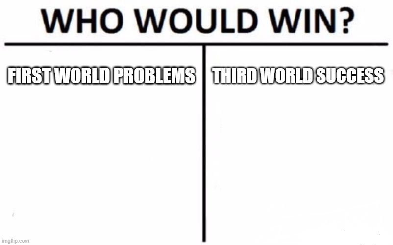 no really who? | FIRST WORLD PROBLEMS; THIRD WORLD SUCCESS | image tagged in memes,who would win | made w/ Imgflip meme maker