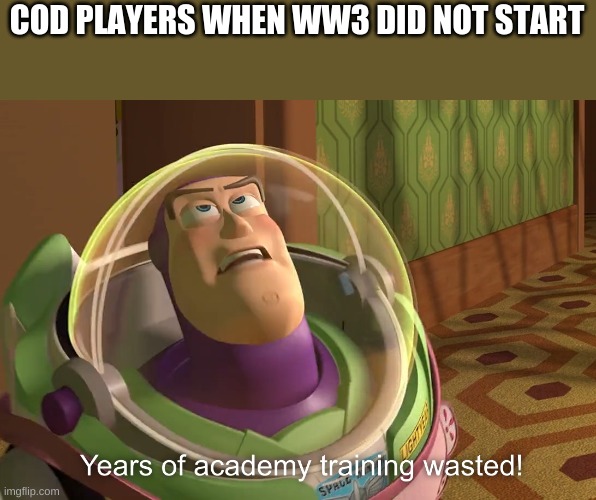 fake war | COD PLAYERS WHEN WW3 DID NOT START | image tagged in years of academy training wasted | made w/ Imgflip meme maker