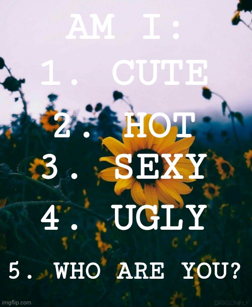 rEpOsT If yOuR BrAvE | AM I:; 1. CUTE; 2. HOT; 3. SEXY; 4. UGLY; 5. WHO ARE YOU? | image tagged in sunflower | made w/ Imgflip meme maker