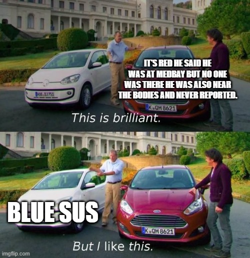 This Is Brilliant But I Like This | IT'S RED HE SAID HE WAS AT MEDBAY BUT NO ONE WAS THERE HE WAS ALSO NEAR THE BODIES AND NEVER REPORTED. BLUE SUS | image tagged in this is brilliant but i like this | made w/ Imgflip meme maker