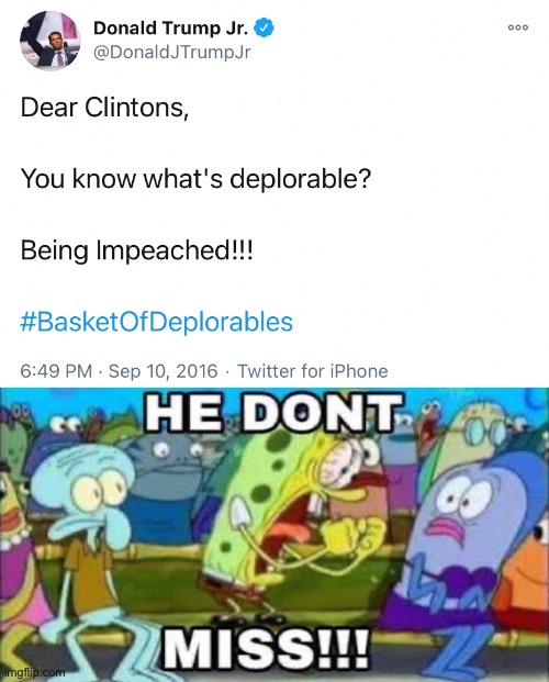 Don jr spitting straight fax | image tagged in donald trump jr,impeachment,clinton,trump,self own,he dont miss | made w/ Imgflip meme maker