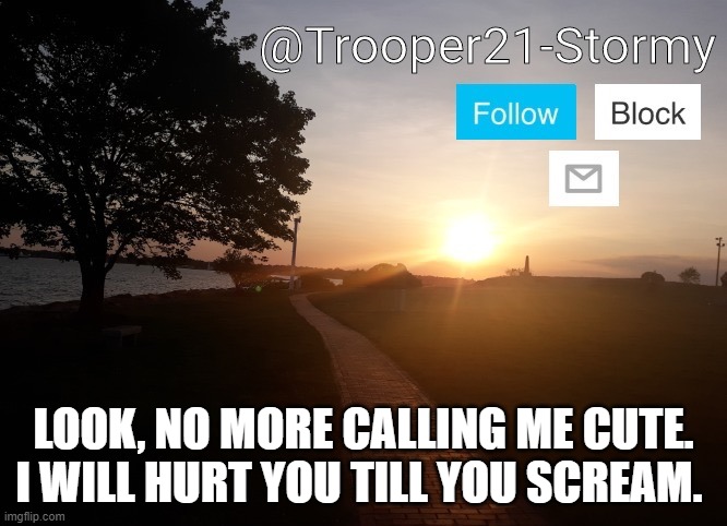 Trooper21-Stormy | LOOK, NO MORE CALLING ME CUTE. I WILL HURT YOU TILL YOU SCREAM. | image tagged in trooper21-stormy | made w/ Imgflip meme maker