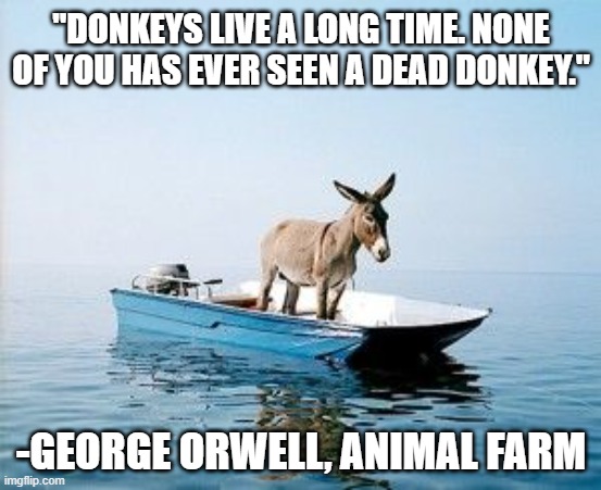 Benjamin from Animal Farm | "DONKEYS LIVE A LONG TIME. NONE OF YOU HAS EVER SEEN A DEAD DONKEY."; -GEORGE ORWELL, ANIMAL FARM | image tagged in donkey on a boat | made w/ Imgflip meme maker