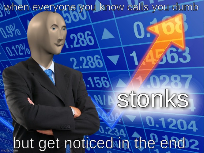 Getting noticed be like | when everyone you know calls you dumb; but get noticed in the end | image tagged in stonks | made w/ Imgflip meme maker