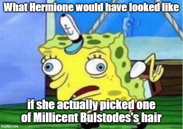 Mocking Spongebob | What Hermione would have looked like; if she actually picked one of Millicent Bulstodes's hair | image tagged in memes,mocking spongebob | made w/ Imgflip meme maker