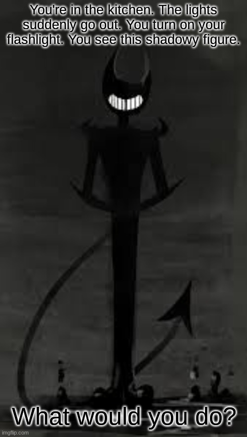 What Would You Do? #11 | You're in the kitchen. The lights suddenly go out. You turn on your flashlight. You see this shadowy figure. What would you do? | image tagged in bendy and the ink machine,ink bendy | made w/ Imgflip meme maker
