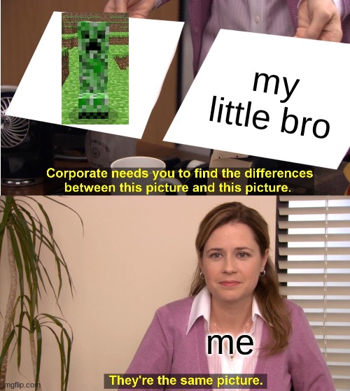 He explode when he walk into my room | my little bro; me | image tagged in memes,they're the same picture,minecraft,creeper,sibling rivalry | made w/ Imgflip meme maker