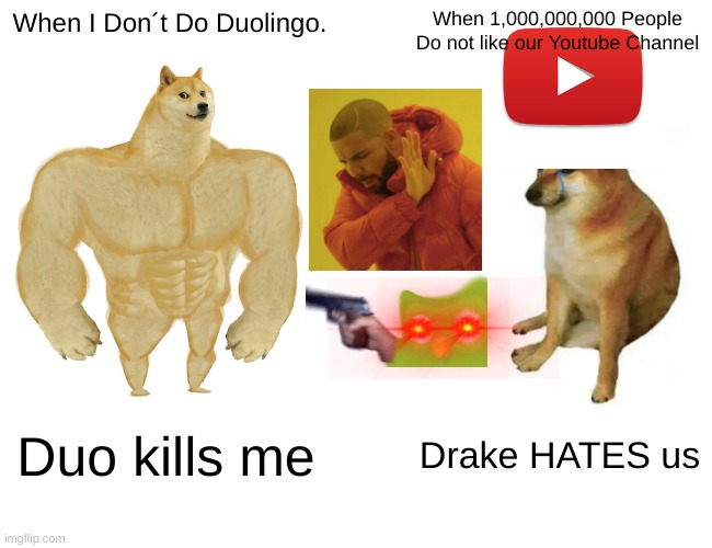 DUO KILLS STRONG DOG | When I Don´t Do Duolingo. When 1,000,000,000 People
Do not like our Youtube Channel; Duo kills me; Drake HATES us | image tagged in memes,buff doge vs cheems | made w/ Imgflip meme maker