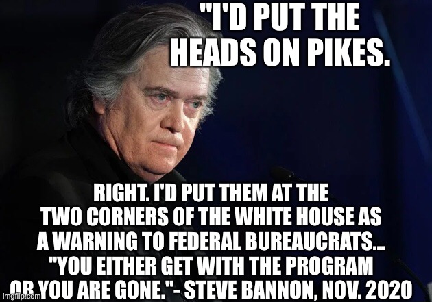 Bannon head on pike quote | "I'D PUT THE HEADS ON PIKES. RIGHT. I'D PUT THEM AT THE TWO CORNERS OF THE WHITE HOUSE AS A WARNING TO FEDERAL BUREAUCRATS... "YOU EITHER GET WITH THE PROGRAM OR YOU ARE GONE."- STEVE BANNON, NOV. 2020 | image tagged in memes | made w/ Imgflip meme maker