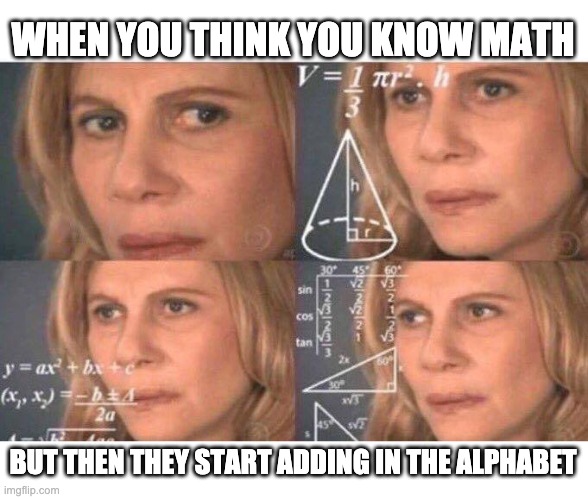 When you think you know math | WHEN YOU THINK YOU KNOW MATH; BUT THEN THEY START ADDING IN THE ALPHABET | image tagged in math lady/confused lady | made w/ Imgflip meme maker