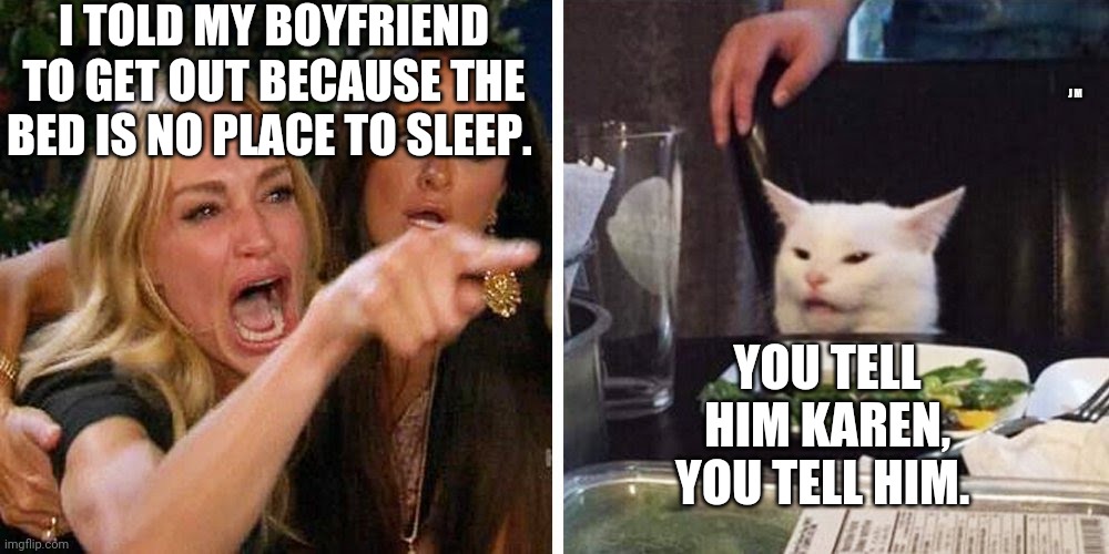 Smudge the cat | I TOLD MY BOYFRIEND TO GET OUT BECAUSE THE BED IS NO PLACE TO SLEEP. J M; YOU TELL HIM KAREN, YOU TELL HIM. | image tagged in smudge the cat | made w/ Imgflip meme maker