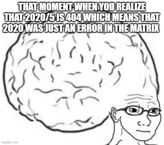 smort | THAT MOMENT WHEN YOU REALIZE THAT 2020/5 IS 404 WHICH MEANS THAT 2020 WAS JUST AN ERROR IN THE MATRIX | image tagged in big bran | made w/ Imgflip meme maker