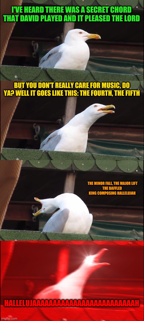 I'VE HEARD THERE WAS A SECRET CHORD
THAT DAVID PLAYED AND IT PLEASED THE LORD BUT YOU DON'T REALLY CARE FOR MUSIC, DO YA? WELL IT GOES LIKE  | image tagged in memes,inhaling seagull | made w/ Imgflip meme maker