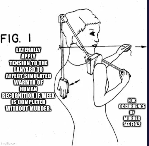 You did it! | LATERALLY APPLY TENSION TO THE LANYARD TO AFFECT SIMULATED WARMTH OF HUMAN RECOGNITION IF WEEK IS COMPLETED WITHOUT MURDER. FOR OCCURRENCE OF MURDER SEE FIG.2 | image tagged in friday night | made w/ Imgflip meme maker