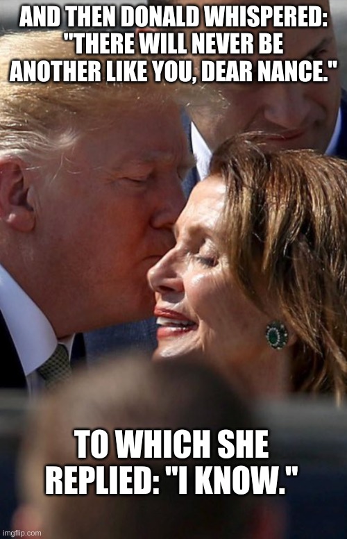 Unrequited Love | AND THEN DONALD WHISPERED: "THERE WILL NEVER BE ANOTHER LIKE YOU, DEAR NANCE."; TO WHICH SHE REPLIED: "I KNOW." | image tagged in trump kiss,donald trump,trump,nancy pelosi,true love | made w/ Imgflip meme maker