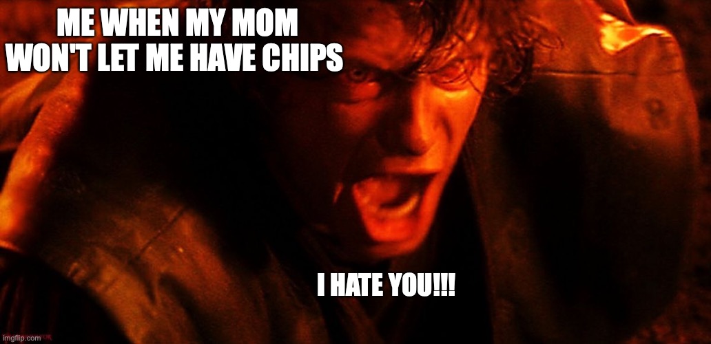 dis is my first meme in the stream | ME WHEN MY MOM WON'T LET ME HAVE CHIPS; I HATE YOU!!! | image tagged in anakin i hate you | made w/ Imgflip meme maker