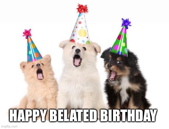 happy birthday puppies | HAPPY BELATED BIRTHDAY | image tagged in happy birthday puppies | made w/ Imgflip meme maker