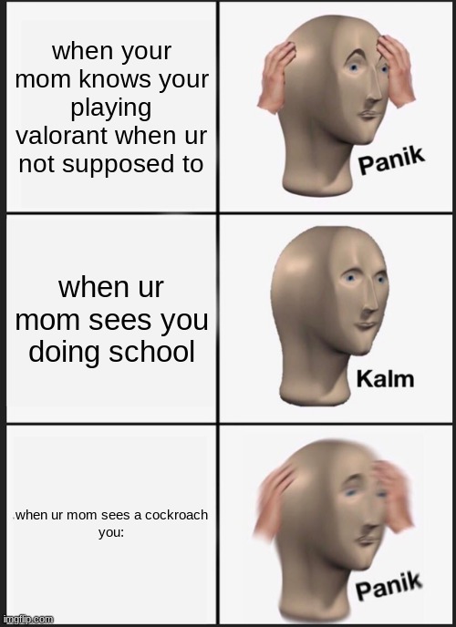 this is not funny | when your mom knows your playing valorant when ur not supposed to; when ur mom sees you doing school; when ur mom sees a cockroach


you: | image tagged in memes,panik kalm panik | made w/ Imgflip meme maker