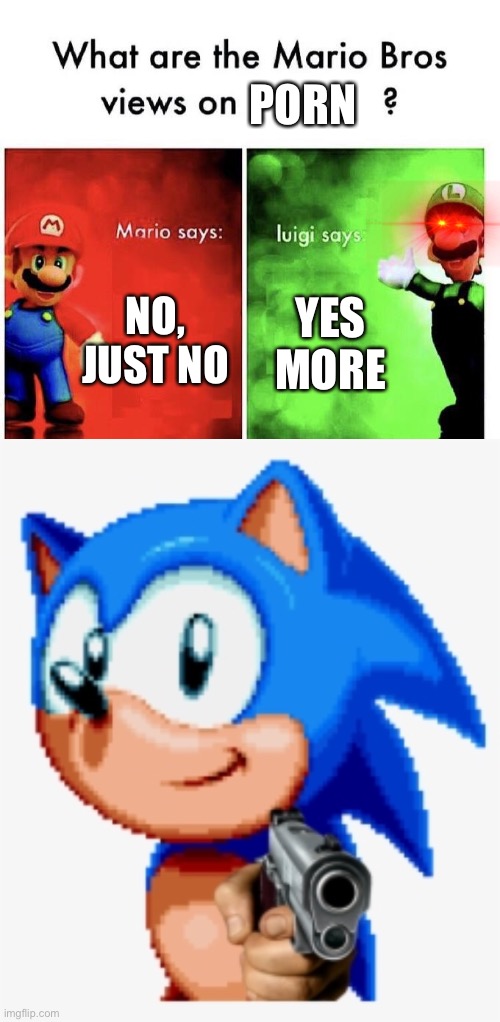 Luigi | PORN; NO, JUST NO; YES MORE | image tagged in mario bros views,sonic gun pointed | made w/ Imgflip meme maker