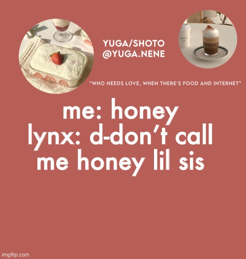 yuga/shoto’s second template | me: honey
lynx: d-don’t call me honey lil sis | image tagged in yuga/shoto s second template | made w/ Imgflip meme maker