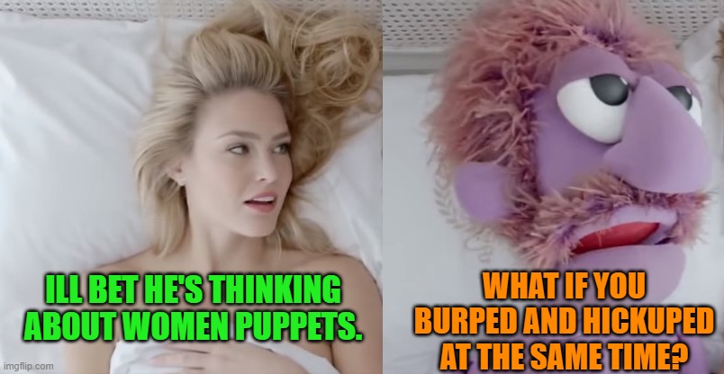 ill bet he's thinking about other women | WHAT IF YOU BURPED AND HICKUPED AT THE SAME TIME? ILL BET HE'S THINKING ABOUT WOMEN PUPPETS. | image tagged in puppet,kewlew | made w/ Imgflip meme maker