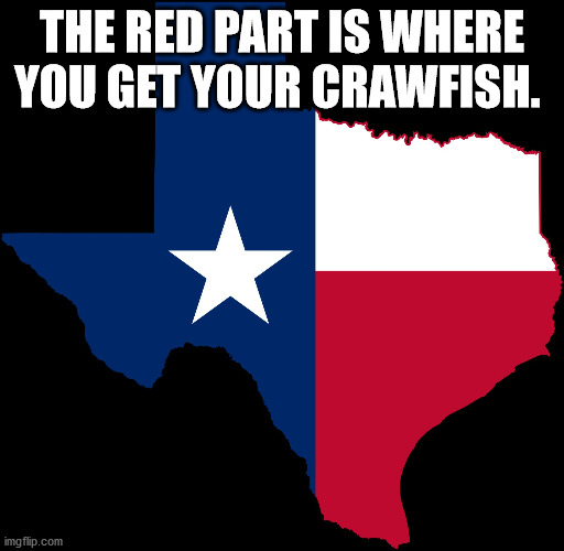 texas map | THE RED PART IS WHERE YOU GET YOUR CRAWFISH. | image tagged in texas map | made w/ Imgflip meme maker