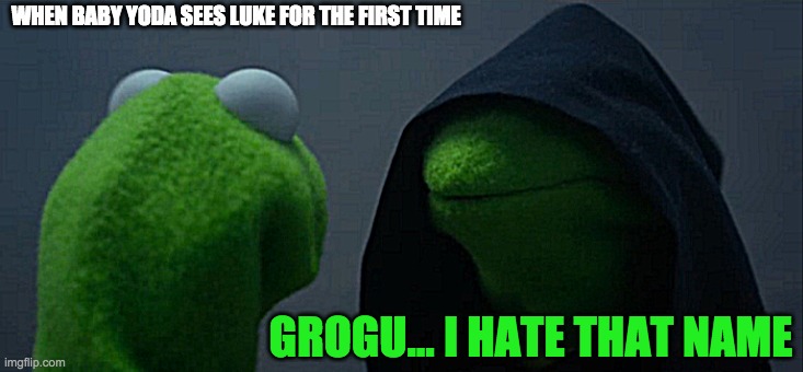 Grogu bad name | WHEN BABY YODA SEES LUKE FOR THE FIRST TIME; GROGU... I HATE THAT NAME | image tagged in memes,evil kermit | made w/ Imgflip meme maker