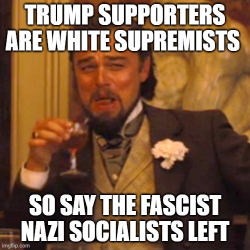 Laughing Leo | TRUMP SUPPORTERS ARE WHITE SUPREMISTS; SO SAY THE FASCIST NAZI SOCIALISTS LEFT | image tagged in memes,laughing leo | made w/ Imgflip meme maker
