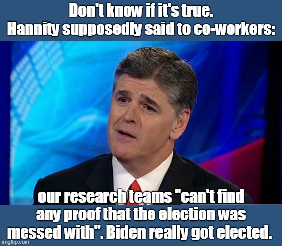 Biden REALLY won the election! | Don't know if it's true. Hannity supposedly said to co-workers:; our research teams "can't find any proof that the election was messed with". Biden really got elected. | image tagged in no fraud,no tampering,no illegal votes,biden won,what do we do now | made w/ Imgflip meme maker